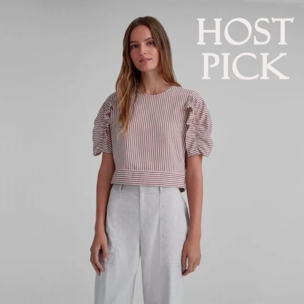 NWT Club Monaco red & off-white stripe ruffle sleeve blouse top